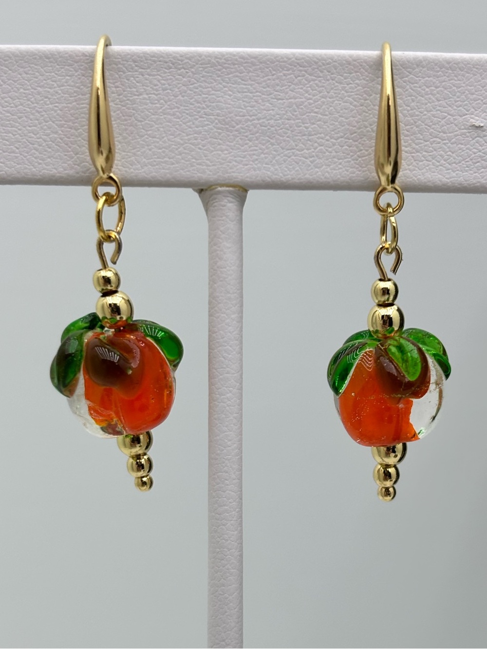 Autumn Glass Pumpkin, 18k gold plated drop earrings. Artisan made by me (Penny)